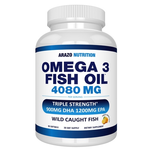[BRSRAZDQCQNBOFY7] Arazo Nutrition Wild Caught Omega-3 Fish Oil Concentrate – 4,080mg per Serving – High EPA 1200mg & DHA 900mg – 90 Burpless Lemon Softgels