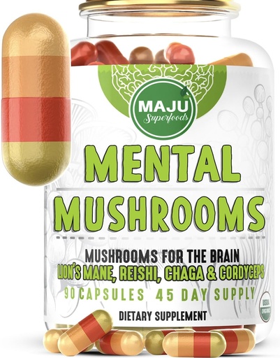 [BRSWYGIOCINAGFL3] MENTAL Mushroom Capsules, Organic Extract Supplement w/ Lion's Mane, Cordyceps, Reishi and Chaga, Boost Your Focus, Energy, Wellness and Immune System - Nootropic Mushrooms, Immune Support 90ct
