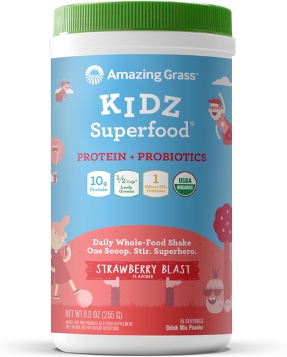 [BRSWGFL4OENBUGTX] Amazing Grass Kidz Superfood: Vegan Protein & Probiotics for Kids with Beet Root Powder & 1/2 Cup of Leafy Greens, Strawberry Blast, 15 Servings