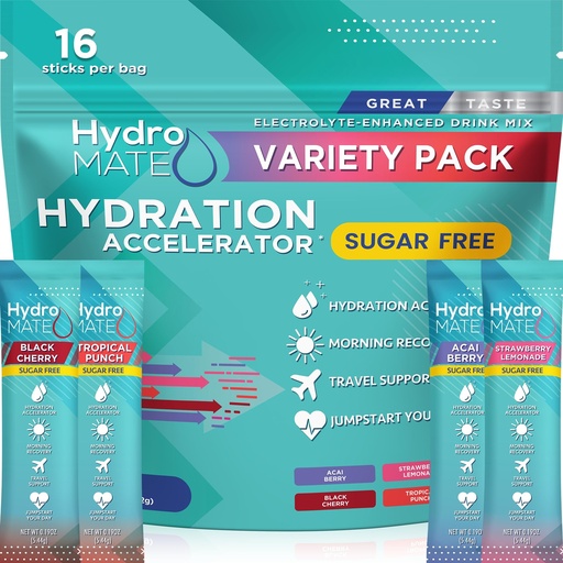 [BRSRAZQ3OYPWEGT7] Electrolyte Powder Sugar-Free Hydration Packets Variety Pack HydroMATE 16 Sticks