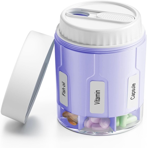 [BRSROBIBPMDW23I7] Daviky Pill Bottle Organizer, Supplement Organizer with 7 Large Compartments, Travel Pill Dispenser Round Pill Box with Two Lids（Purple）