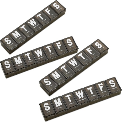 [BRSROZQTCAGQ4D3V] Weekly Pill Organizer - (Pack of 4) Extra Large Vitamin Container with Jumbo Easy to Read Letters, BPA Free - Daily Travel 7 Day Medication Pill Box Case, (Black)