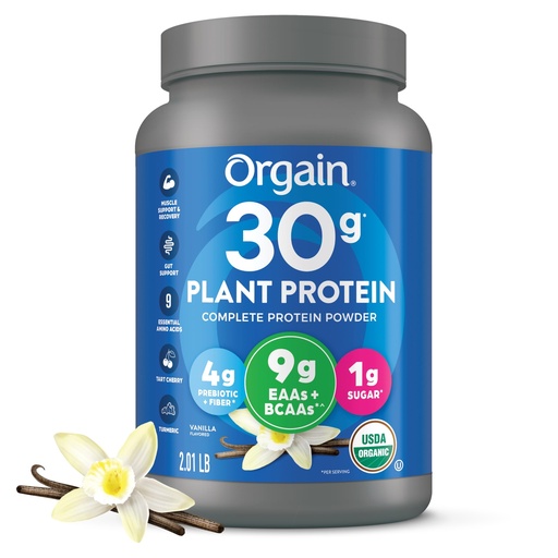 [BRSWYZYLOZYRUGYZ] Orgain Organic 30g Vegan Plant Protein Powder, Vanilla, 9g EAAs + BCAAs, High Plant Protein, 4g Prebiotic + Fiber, 1g Sugar, Pre-Workout, Muscle Support + Recovery - 2.01lb (Packaging May Vary)