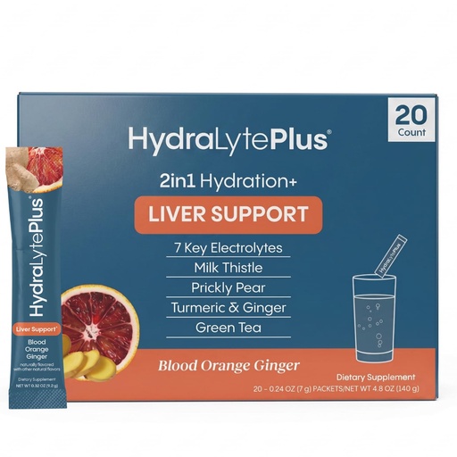[BRSRMZQ5OQHRUH3J] Hydralyte Plus Liver Support Hydration Packets - 7 Electrolytes with Milk Thistle, Turmeric and Ginger - Liquid Daily IV Electrolyte Powder Packets - 20 Count, Blood Orange