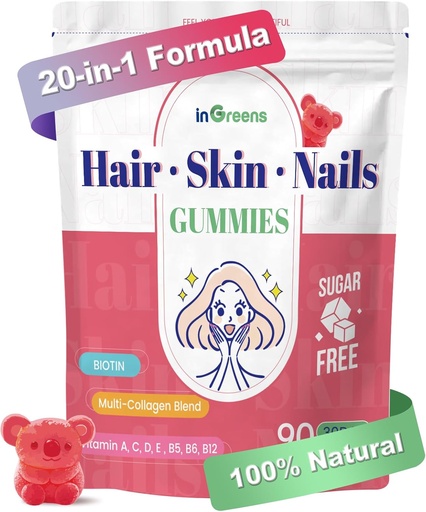 [BRSRA2YRDINBYYAU] 20-in-1 Ile-azala eta Nails Gummies, Emakume eta Gizonentzako ile-bitaminak, 10000 mcg Biotin, A, C, D, E Ile-hazkundea eta Azal Osasuntsua, Peach Flavor zuria, 90 Gummies