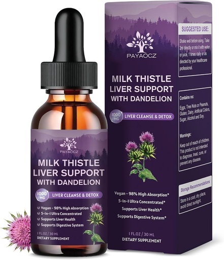 [BRSRAADRBYNBMAD4] (4 Pack) Picături lichide Thistle Lapte Silymarin 1000mg, Supliment de ficat Detoxifiere & Curățați cu Dandelion & Artichoke, Milk Thistle Extract organic pentru sprijin Reparații Sănătatea ficatului, Vegan, Non-GMO, 1 Fl Oz