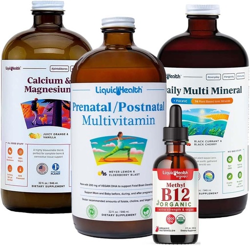 [BRSRAHQQO4HA22Q3] LIQUIDHEALTH Women's Health & Vitality Daily Liquid Multivitamin Bundle with Prenatal/Postnatal Multivitamin, Calcium & Magnesium, Daily Multi Mineral, & Organic Vitamin B12 Drops - USA Made, Non-GMO