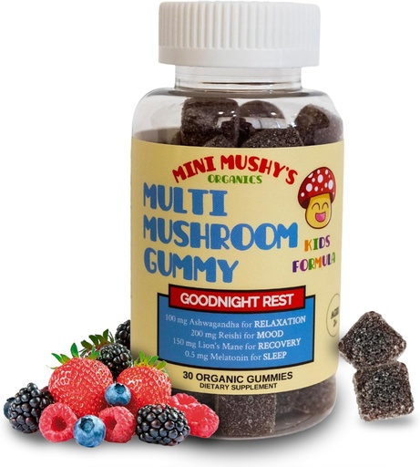 [BRSROZADOEMR43YU] Mini Mushy's Organic Goodnight Rest Gummies | Ashwagandha, Reishi, Lions Mane, Mushrooms, Melatonin | Kids Age 2+ Natural Color, Allergy Friendly, Low Sugar | Berry Flavor - 30 Count
