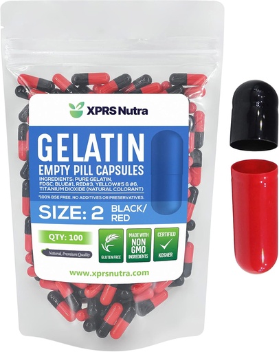 [BRSWYAYCCUORMG3A] XPRS Nutra Size 2 Empty Capsules - 100 Count Empty Gelatin Capsules - Pills DIY Capsule Filling - Pure Bovine Pill Gel Caps for Do-It-Yourself Supplements (Black/Red)