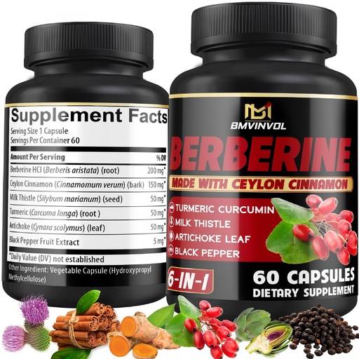 [BRSRAYL2B4OROGQV] Berberine Supplement with Ceylon Cinnamon, Turmeric, Artichoke, Milk Thistle - Berberine HCl Supplement Pills - 60 Capsules [2-Month Supply]