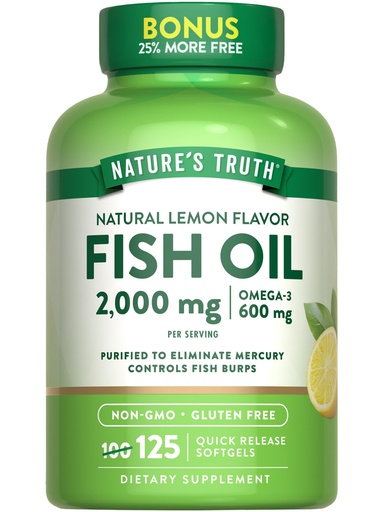 [BRSWGAY5PIPGGDQ7] Nature's Truth Omega 3 Fish Oil 2000 mg | 125 Liquid Softgels | Burpless, Lemon Flavor Pills | Non-GMO and Gluten Free Supplement