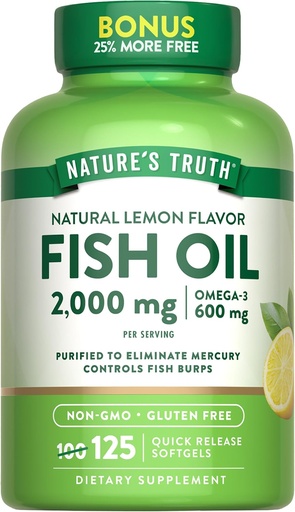 [BRSWGAY5PIPGGDQ7] Nature's Truth Omega 3 Fish Oil 2000 mg | 125 Liquid Softgels | Burpless, Lemon Flavor Pills | Non-GMO eta Gluten Free Supplement