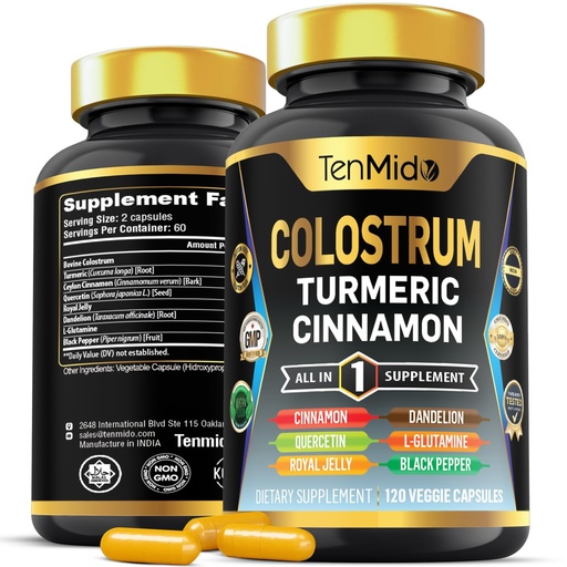 [BRSRAGDQAQFRUF34] Colostrum Supplement - 8in1 Formula - Combine with Turmeric, Ceylon Cinnamon, Quercetin, Royal Jelly, Dandelion, L- Glutamine, and Black Pepper - Digestive Health Support - 120 Capsules