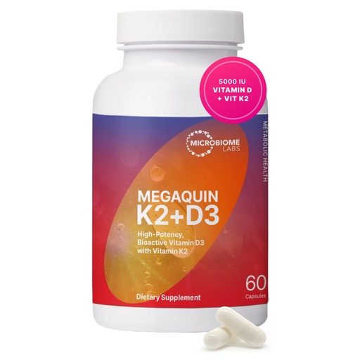 [BRSRMHYHPIHQYALZ] Microbiome Labs MegaQuin D3 + K2 - High Potency Vitamin D3 K2 Supplement - Bioactive & Bioavailable - Vitamin D3 5000 iu & MK-7 - Support Bone, Heart, Nerve & Immune Health (60 Capsules)