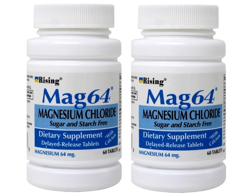 [BRSWKHQECMCGG2A3] Rising Mag64 Magnesium Chloride Dietary Supplement Delayed-Release Tablets 64 mg, 60 Tablets (Pack of 2)
