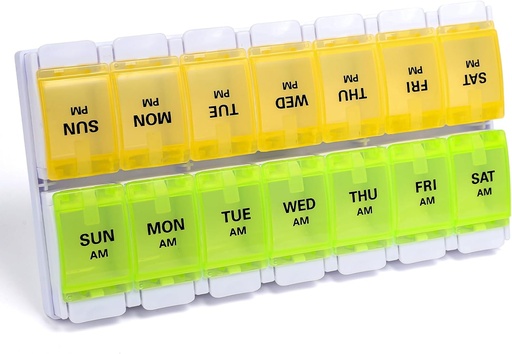 [BRSRA2T6OUARUGTA] Sukuos AM PM Weekly Pill Organizer 7 Day, 2 Times A Day Medicine Pill Box with Easy Push Button, BPA Free Vitamin Cases for Fish Oil/Supplements, Easy to Clean (Yellow&Green)