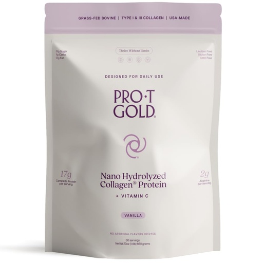 [BRSW2YYPCJ7BEEYU] ProT Gold Collagen Protein Powder, 17g Protein Nano Hydrolyzed & Grass Fed, Vitamin C, 2g Arginine for Wound Support, Gluten Free, All Natural, Fat & Sugar Free, 0g Carbs, Vanilla, 23 oz, 30 Servings