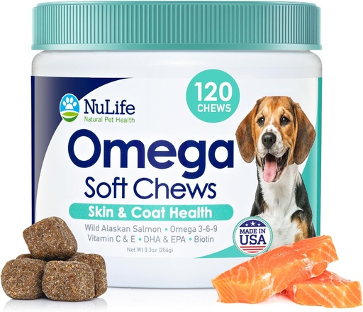[BRSWGCTYB4MGKDTB] Omega Skin and Coat Chews for Dogs, Wild Salmon Dog Treats with Biotin & Vitamin E, Helps with Itchy Skin, Allergy Relief & Shedding, Omega 3 6 9, EPA & DHA Fatty Acids, Made in USA, 120 Chews