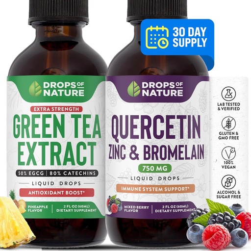 [BRSRMFQECNYBUH3B] Drops Of Nature Quercetin Liquid Drops 750mg | Green Tea Extract 1000mg | Bundle