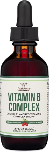 [BRSROBL2CEIAGDL3] Suplementos de madera doble Complejo de vitamina B líquido - 2 Mes de suministro - Max Absorption - B3, B6, B7 (Biotin), B9, y vitamina B12 - Cherry Flavor - 2 FL OZ