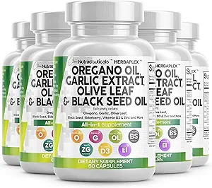 [BRSRAHAQBAPQOFLB] Clean Nutraceuticals Oregano Oil Garlic Extract Olive Leaf Black Seed Oil- Immune Support & Digestive Health Supplement for Women and Men with Vitamin D3 & Zinc - 5Pack