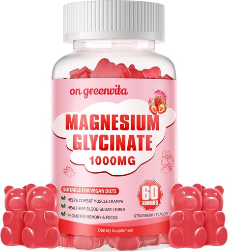 [BRSRA2YBCV7W2AD6] Magnesio Glycinate Gummies 1000mg - Suplemento de Potasio de Magnesio Libre de Azúcar con Vitamina D, B6, CoQ10 para calma Mood &amp; Sleep Support - 60 Gummies de Fresa