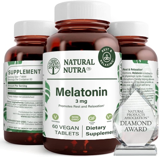 [BRSWIHAPCJ4GKCLC] Natural Nutra Vegan Melatonin 3mg, Helps Improve Heart Health, Supports Immune System, Helps Cell Health & Heart Health, Contribute to Overall Wellness, Improve Sleep Quality, Gluten Free, 60 Tablets