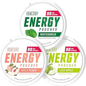 [BRSRAGLROIFG2FLU] Grinds Energy Pouches - Natural Caffeine Pouches - Contains B-Vitamins, Sugar-Free, & 0 Calories - 80mg of Caffeine in Each Pouch - Wintergreen, Peach, & Sour Apple - 3 Pack, 15 Pouches Per Can