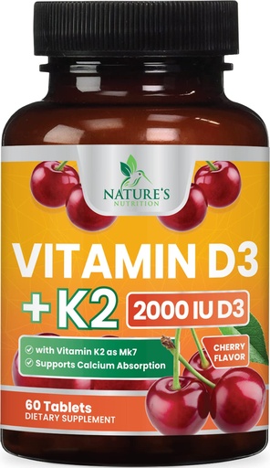 [BRSWGGAHOQMAYGTF] Vitamin D3 K2 Supplement - 2000 IU D3 Per Serving - Extra Strength MK-7 K with Vitamin D3 - For Immune Support, Heart, Teeth & Bone Health - Easy to Swallow D3K2 Chewable, Berry Flavor - 60 Tablets