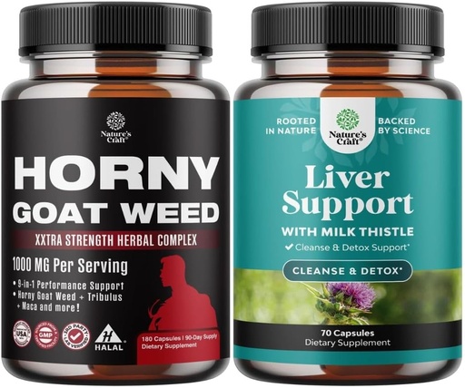 [BRSRAZYQCUHBMC3K] Bundle of Horny Goat Weed for Men - Extra Strength Male Supplement for Stamina & Energy and Liver Cleanse Detox & Repair - Silymarin Milk Thistle with Dandelion Root Choline Beetroot Artichoke Extract