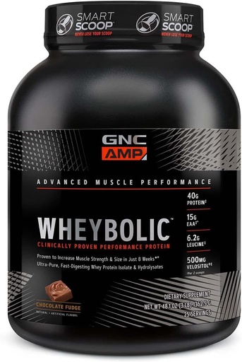 [BRSWYFIRDMMGMCA4] GNC AMP Wheybolic Clinically Proven Protein Powder, 40g Whey Protein, BCAA, Leucine, Increases Muscle Strength, Muscle Building, 3rd Party Tested, Gluten Free, Chocolate Fudge, 25 Servings