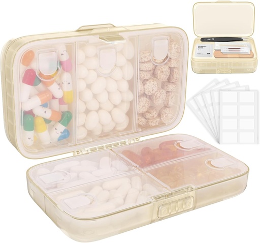 [BRSRAGT2BMNAIFY2] FYY Weekly Pill Organizer with Labels,8 Compartments Travel Daily Pill Case Airtight Moistureproof Large Pill Box to Hold Vitamins, Fish Oil, Supplements,Cotton Swab and Bandages-Beige