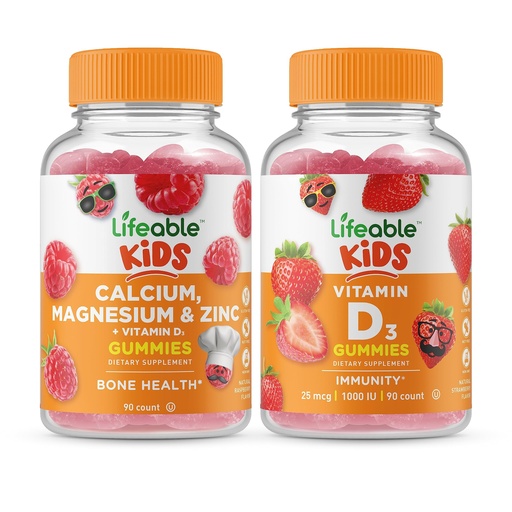[BRSRMYIZAV5AKFLL] Lifeable Calcium Magnesium & Zinc Kids + Vitamin D Kids, Gummies Bundle - Great Tasting, Vitamin Supplement, Gluten Free, GMO Free, Chewable Gummy