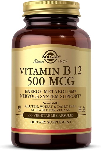 [BRSWIYTYO4GGIADA] Solgar Vitamin B12 500 mcg, 250 Vegetable Capsules - Energy Metabolism - Nervous System Support - Promotes Heart Health - Non-GMO, Vegan, Gluten Free, Dairy Free, Kosher, Halal - 250 Servings