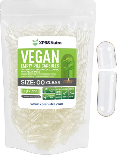 [BRSWGCT6BMHGCGQV] XPRS Nutra Size 00 Empty Capsules - 500 Count Clear Empty Vegan Capsules - Vegetarian Empty Pills - DIY Vegetable Capsule Filling- Veggie Pill Caps