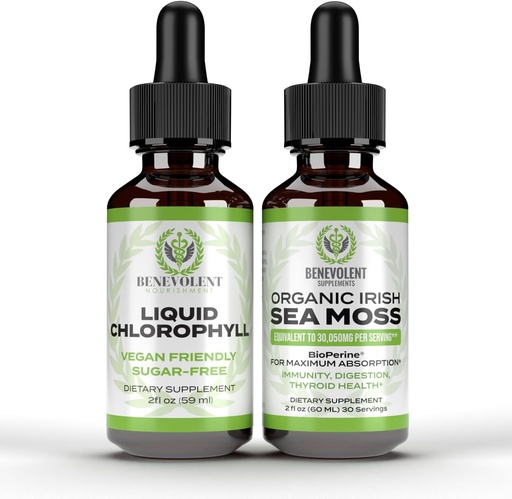 [BRSRAZIDOUHWOEQV] Benevolent Chlorofyl Liquid Drops + Irish Sea Moss Drops 2oz, 4 maand supply Liquid Chlorofyl Supplement voor interne deodorizer & Radiant Skin