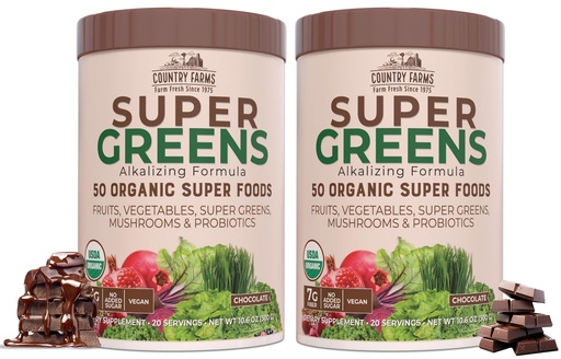 [BRSW2EACPIGRS3YY] Country Farms Super Greens Chocolate Flavor, 50 Organic Super Foods, USDA Organic Drink Mix, Fruits, Vegetables, Super Greens, Mushrooms & Probiotics, Supports Energy, 40 Servings, 10.6 Oz, 2 Pack