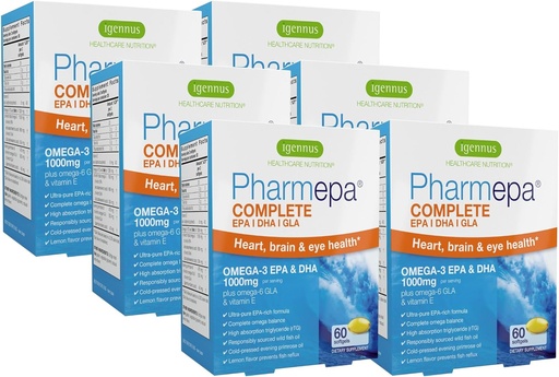 [BRSRMYYPOAGRUC32] Igennus Pharmepa Complete EPA 668mg & DHA 334mg Omega-3 Fedtsyrer 1000mg, IFOS Certificeret, rTG Form, High Potency Fish Oil Plus Omega- 6 & 9 fra GLA Evening Primrose Oil, Lemon Flavor, 360 Softgels