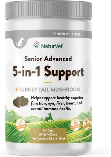 [BRSWYZTQDNYQIEY6] NaturVet Senior Advanced 5- in1 Support Dog Supplement - Segít az immunrendszer, szív, máj, kognitív funkció, szem-egészség - magában foglalja Ginkgo Biloba, Lutein - 60 Ct.