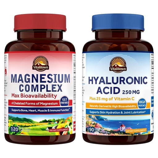 [BRSRAHQOCBYAKELJ] Vitalitown Magnesium + Hyaluronic Acid Bundle| Magnesium Complex (Item 1) & Hyaluronic Acid Plus Vitamin C (Item 2) | 120 Magnesium Capsules & 90 Hyaluronic Acid Capsules
