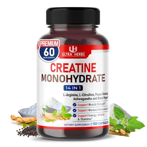 [BRSRMFACCINAIET3] Ultra Creatine Pills | Creatine Monohydrate Capsules Enhanced with L-Arginine, L Citrulline, Ginseng | Support Stamina, Energy & Muscle Growth | 180 Capsules