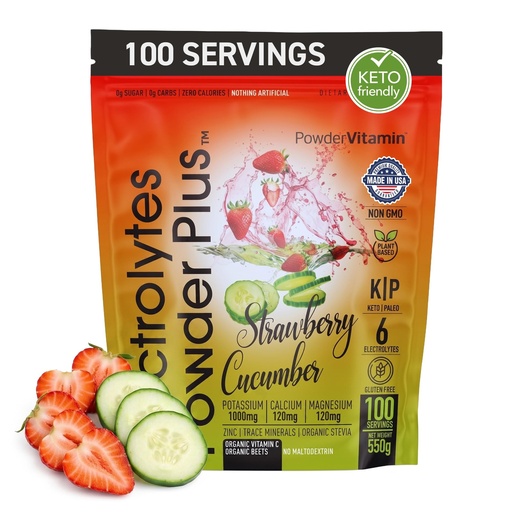 [BRSRO2QOAEMR4FA2] PowderVitamin Electrolytes Powder Plus, Sugar Free Hydration Powder 1000mg Potassium, 120mg Magnesium, 120mg Calcium, Himalayan Salt, & VIT C & Zinc, USA Made, 550g, 100 Servings, Strawberry Cucumber