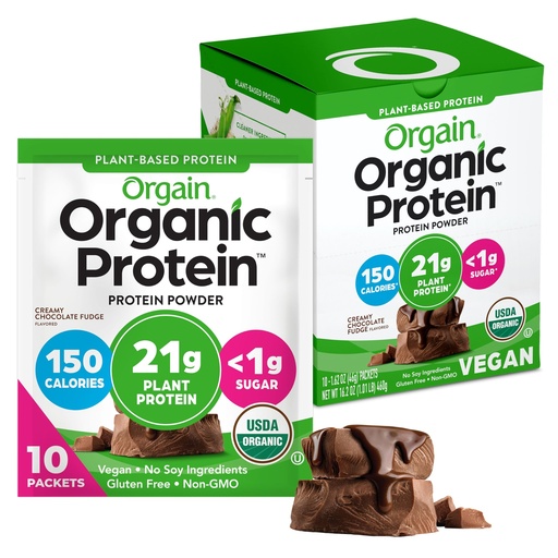 [BRSWGGIQCF5WO2Y4] Orgain Organic Vegan Protein Powder, Creamy Chocolate Fudge - 21g Plant Protein, 6g Prebiotic Fiber, Low Carb, No Lactose Ingredients, No Added Sugar, Non-GMO, 10 Single Serve Individual Packets