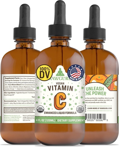 [BRSROGA6DEHRUD3F] RawGuru Organic Vitamin C Tincture - Liquid Vitamina C con Trace Minerals - Nano-Processed Antiossidante & Immune Support Supplemento Tintura - 30 Serve di Vegan Gocce per 120 ml, Confezione da 1
