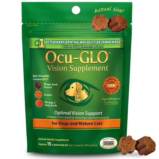 [BRSWYHYLOACBOFDF] Ocu-GLO Cat & Dog Supplement for Eye Support - Chewable Vision Vitamins Supplements for Small and Medium Pets with Lutein, Omega-3 Fatty Acids, Grape Seed Extract & Antioxidants
