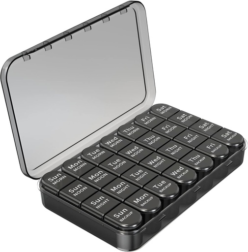 [BRSRMCQHPMPAKCI2] Daviky Weekly Pill Organizer 4 vezes por dia, grande capacidade 7 dia caixa de pílulas, medicamento diário Organizador para viajar com 28 compartimentos para segurar medicação, vitamina e suplemento (preto)