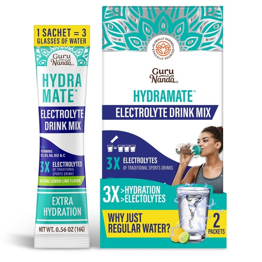 [BRSROA32C5YA23T2] GuruNanda Hydramate Hydration Support Drink Mix - Electrolyte Powder Packets for Dehydration, Exercise & Energy - No Added Sweeteners, Non-GMO, Natural Lemon Lime Flavor - 2 Count (0.56 oz Each)