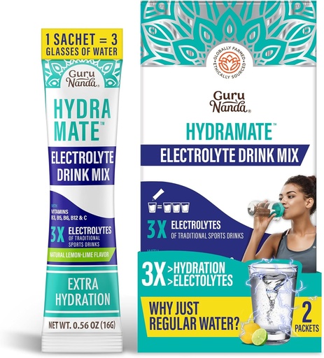 [BRSROA32C5YA23T2] GuruNanda Hydramate Hydration Support Drink Mix - Electrolyte Powder Packets for Dehydration, Exercise & Energy - No Added Sweeteners, Non-GMO, Natural Lemon Lime Flavor - 2 Count (0.56 oz Each)