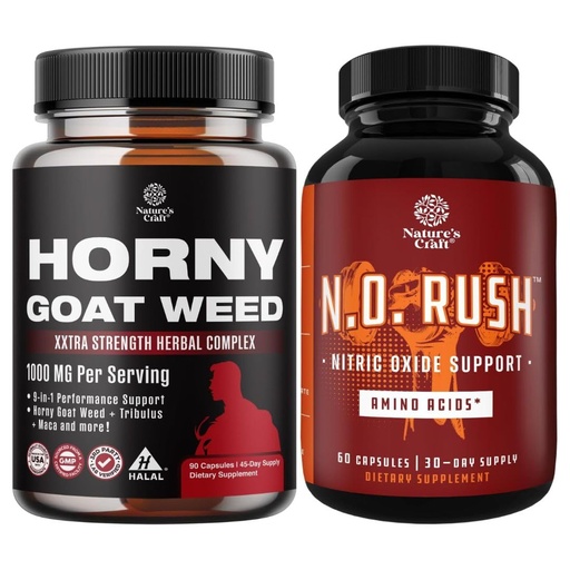 [BRSROCYYAUIAK23Z] Bundle of Horny Goat Weed for Men with Black Maca Root, Tongkat Ali, Saw Palmetto & Panax Ginseng Extract for Stamina & Energy and Nitric Oxide Supplement with L-Arginine for Muscle Growth & Recovery