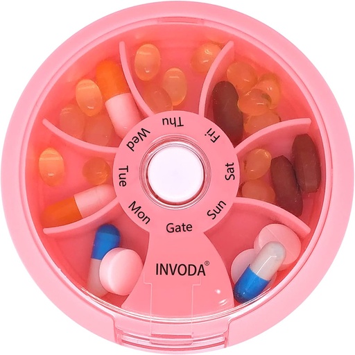 [BRSW2ZYBA4FGYALO] INVODA Weekly Pill Organizer 7 Compartment Rotating Pill Box for Daily Medication & Vitamins - Portable Travel Pill Case Fish Oil Supplements Vitamins Organizer (Pink)